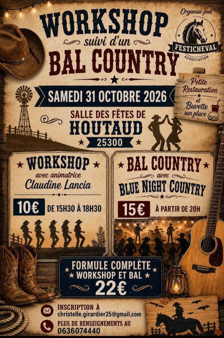 Affiche Après midi et soirée Country à Houtaud — 31 octobre 2026
